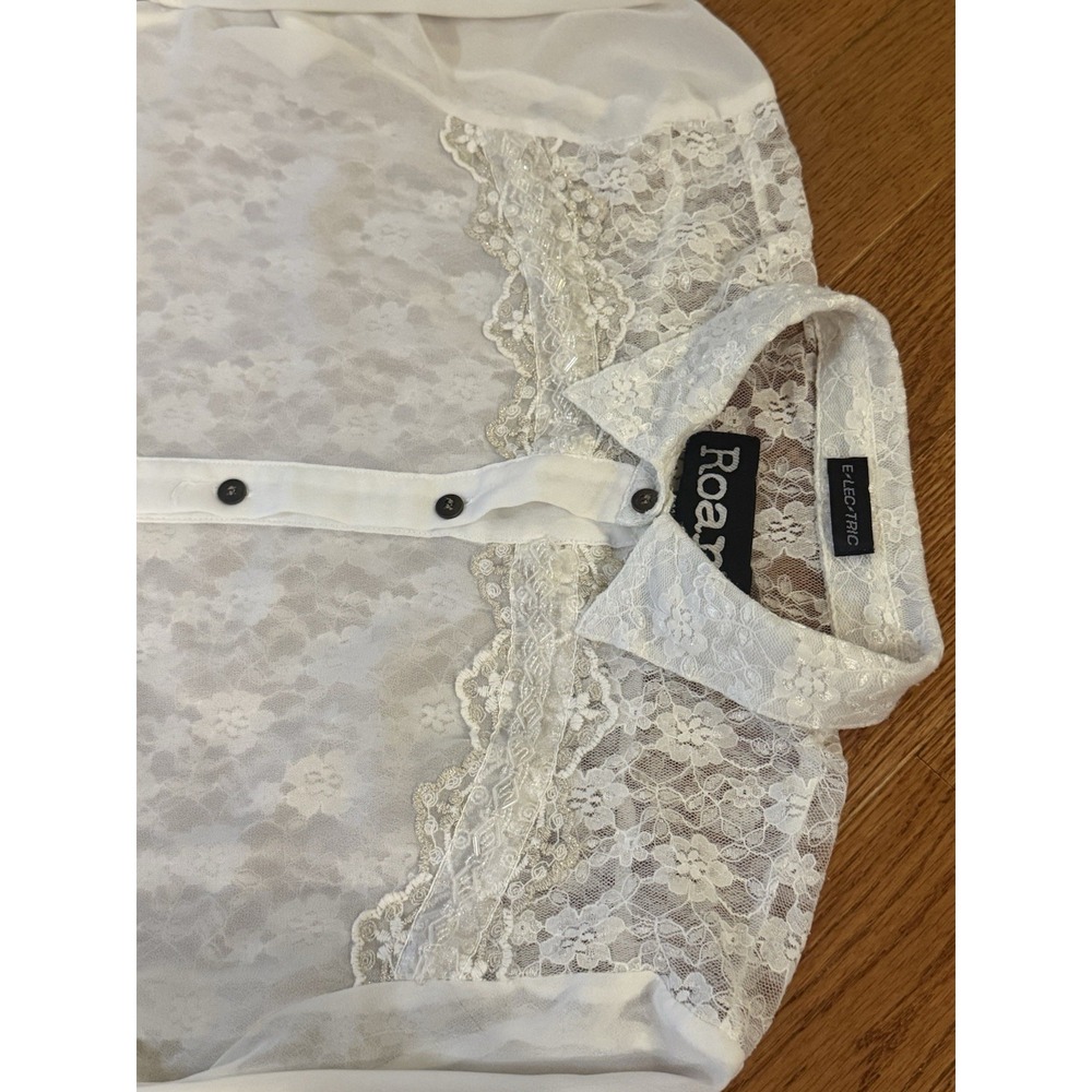 Roar Lace Sleeve/Back Sheer Button Down Shirt Size M Light White Edgy Rocker